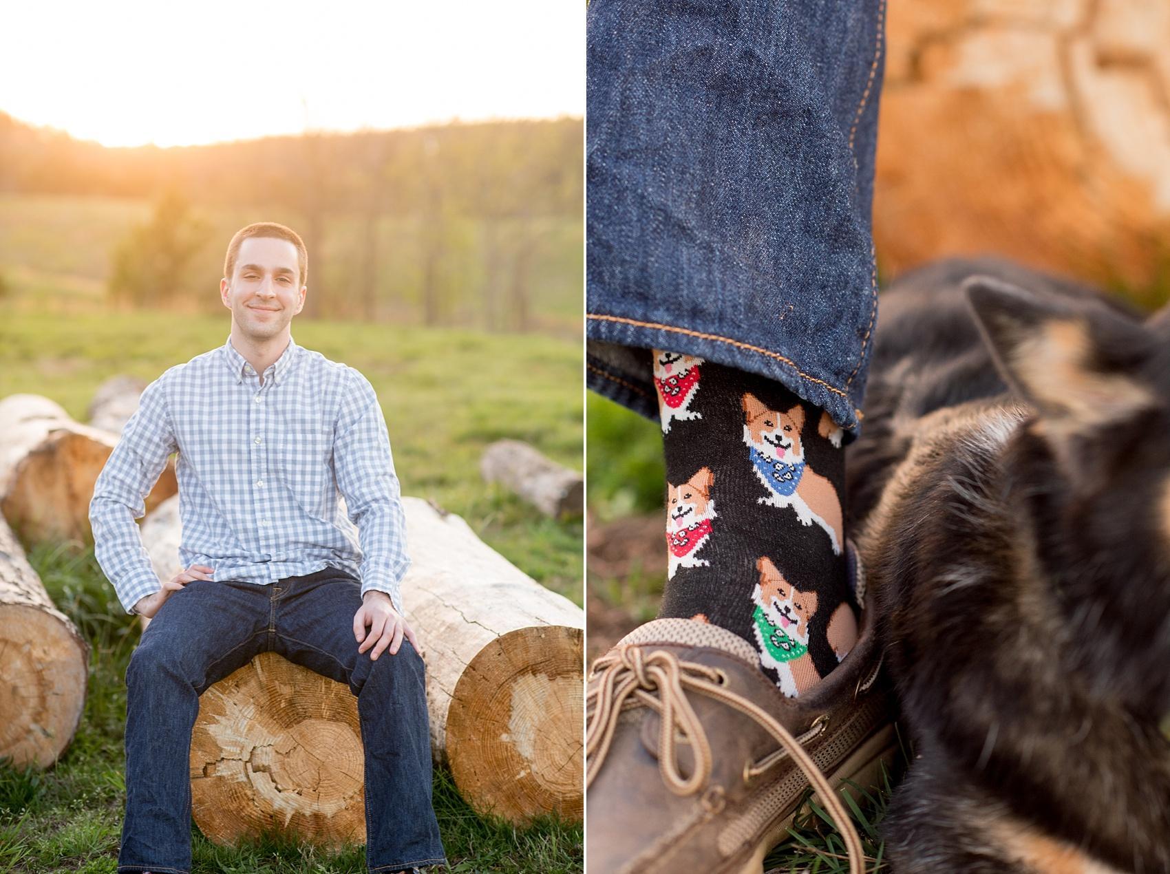 Raleigh farm engagement photos with Corgi dog and socks. Images by Mikkel Paige Photography.