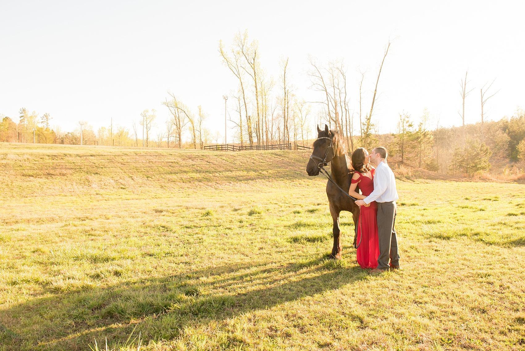 Raleigh engagement photos at Ovation Farm in Sanford by Mikkel Paige Photography. The golden hour was perfect for this horse image in a field with the bride in red.