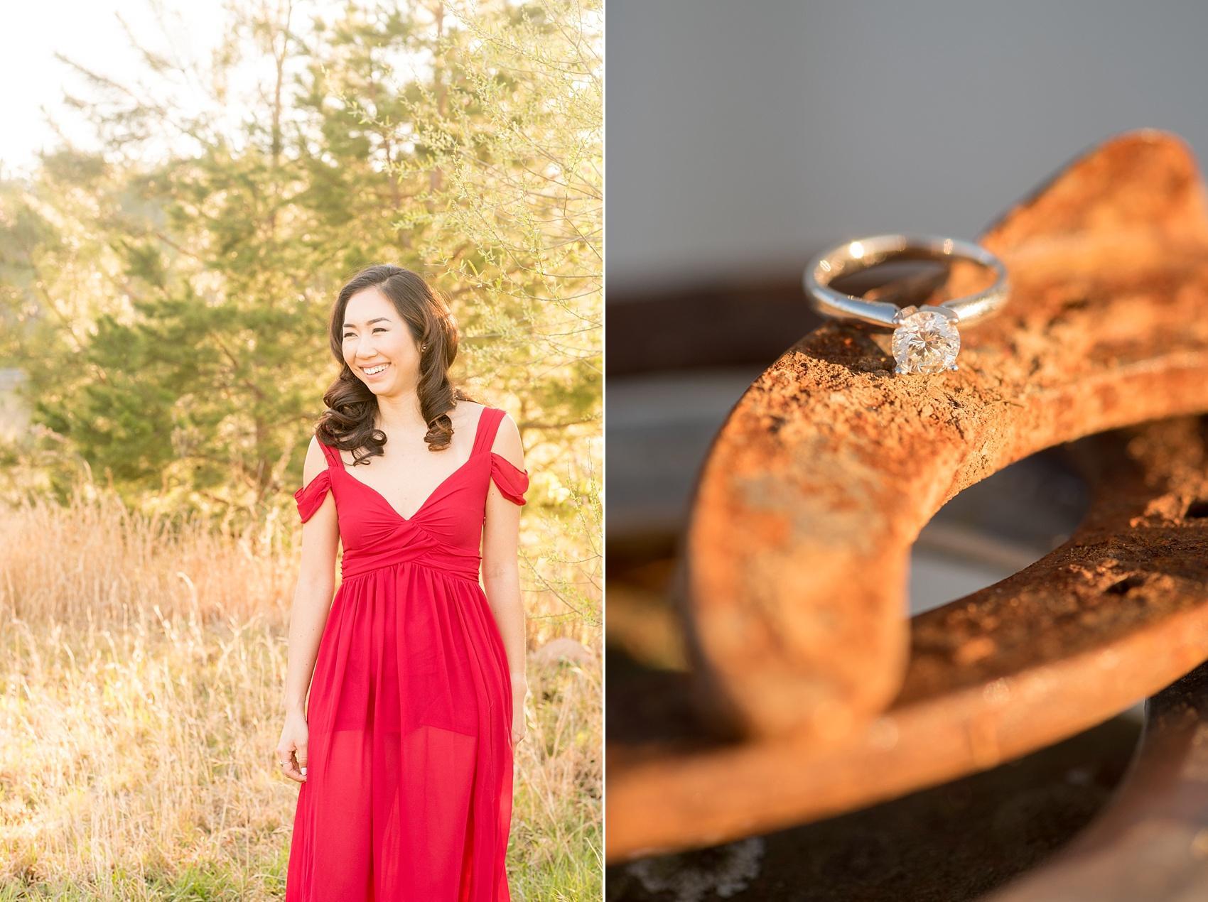 Raleigh engagement photos at Ovation Farm in Sanford by Mikkel Paige Photography. The bride wore red and the ring image was photographed on a horseshoe.
