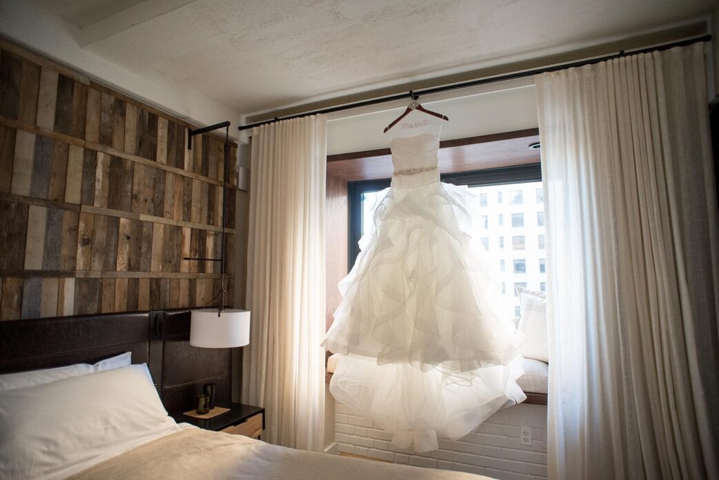 Mikkel Paige Photography image of a ruffled strapless bridal gown for a winter NYC wedding.