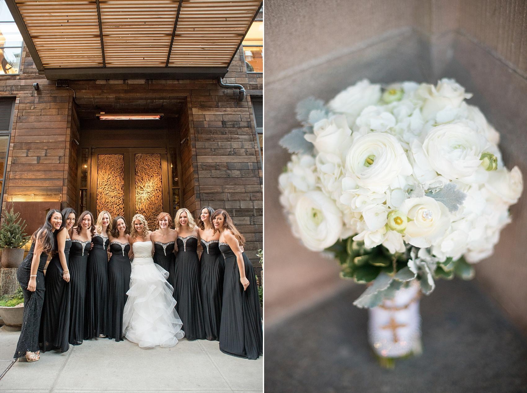 Bride and her bridesmaids in black gowns and all white bouquet. Image by Mikkel Paige Photography. Image at 1 Hotel Central Park, NYC. 