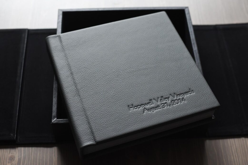 Mikkel Paige Photography fine art black leather album for a wedding at Hopewell Valley Vineyards.