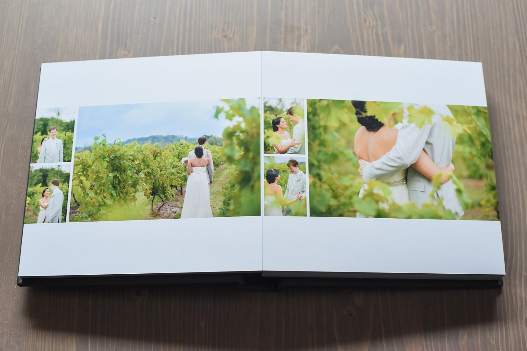 Fine art family heirloom wedding album from Mikkel Paige Photography. Vineyard wedding images in a leather book.