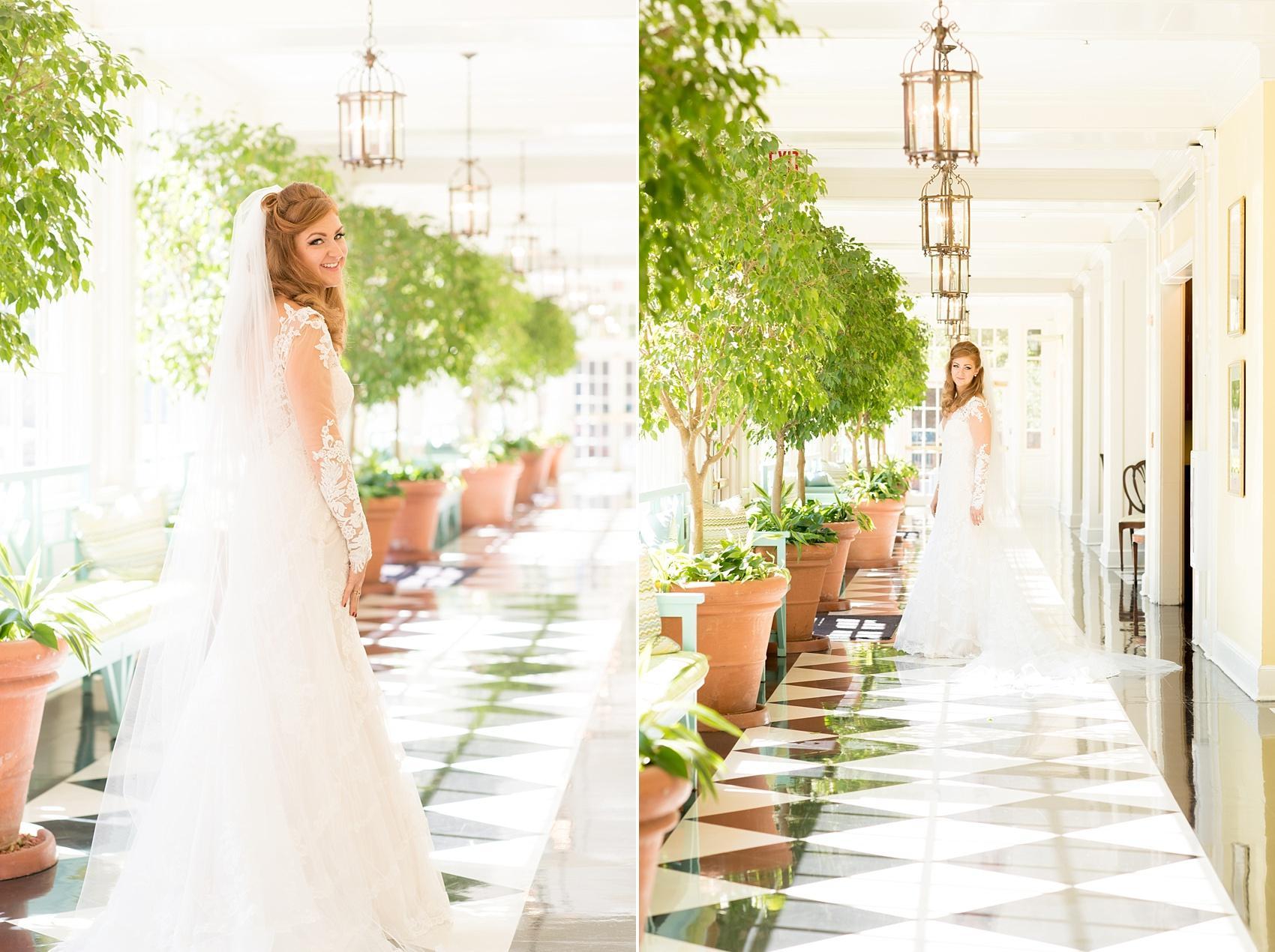 The Carolina Inn bridal portraits by Raleigh wedding photographer Mikkel Paige Photography. The bride in a white lace gown and black and white checked floor. 