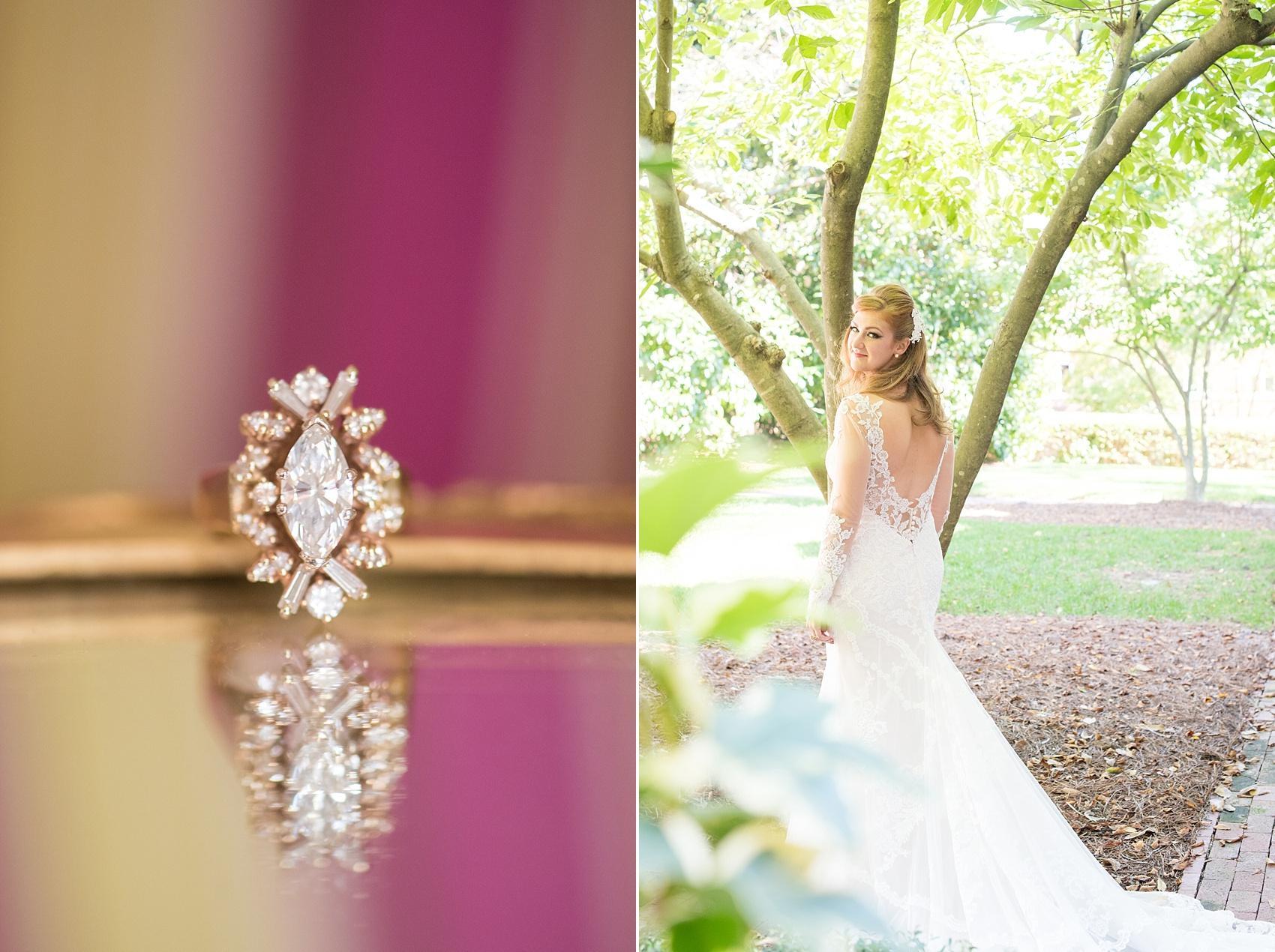 The Carolina Inn bridal portraits by Raleigh wedding photographer Mikkel Paige Photography. The bride in a white lace gown with her gold marquee shaped diamond ring.