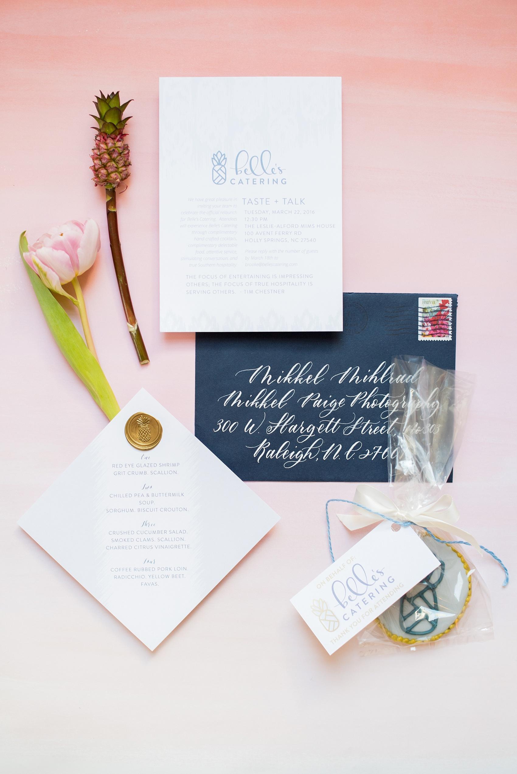 Navy and pink luncheon invitation with caterer. Photo by Mikkel Paige Photography and paper by One and Only Paper.
