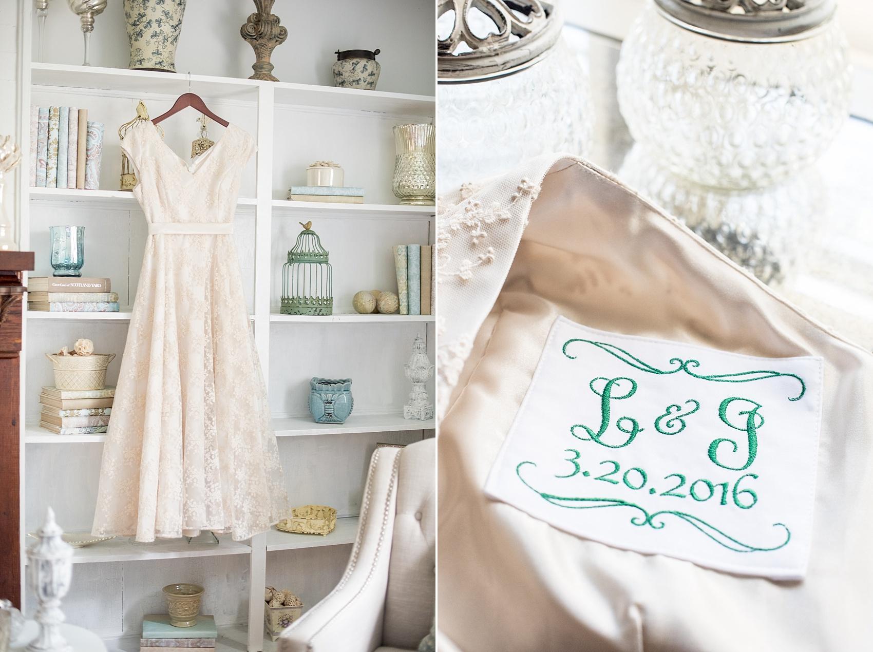 Wedding date embroidery in a short sleeve gown. Photo by Mikkel Paige Photography for an Atlanta nuptials. 