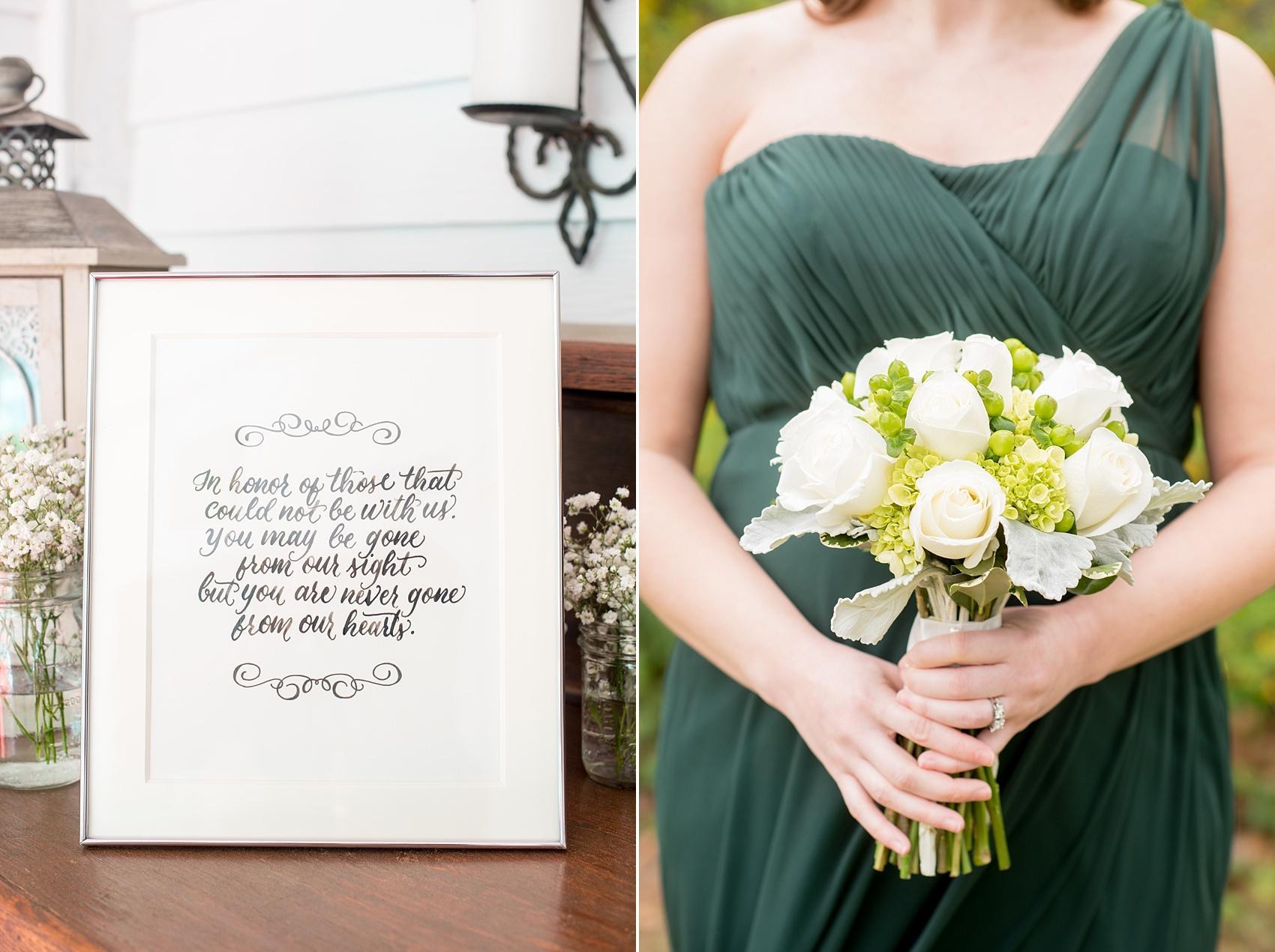 Calligraphy remembrance sign at a Four Oaks Manor wedding in Atlanta with bridesmaid in green with bouquet. Images by Mikkel Paige Photography.