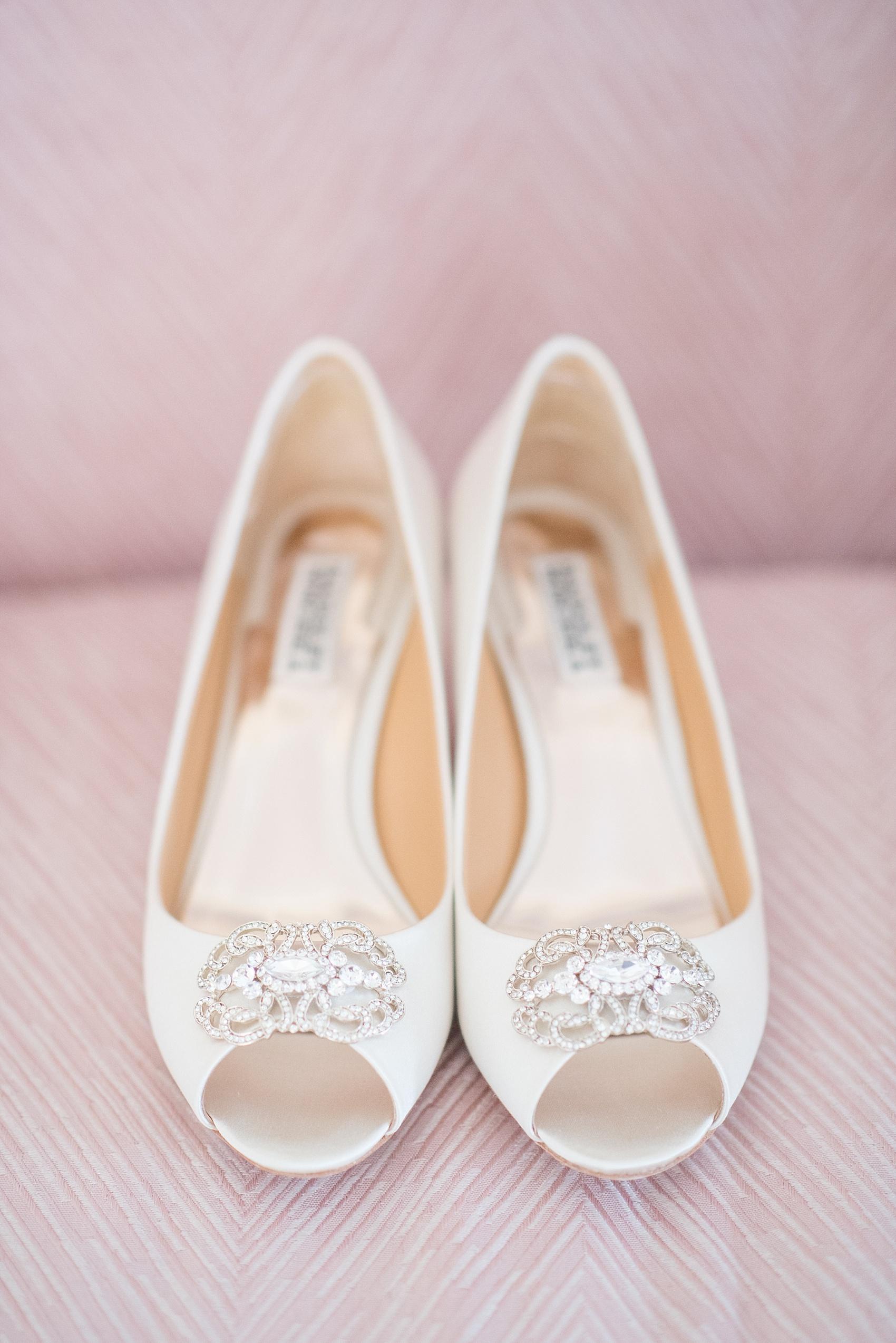 White Badgley Mischka jeweled bridal heels image by Mikkel Paige Photography for a wedding at Harbor Club on Long Island. 