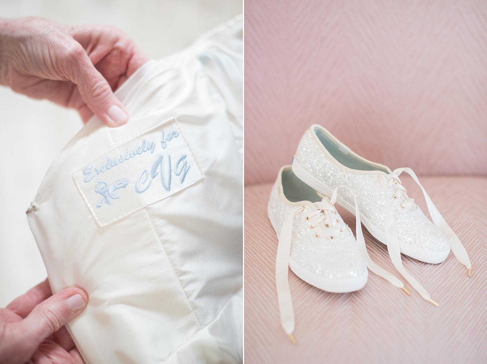 Embroidered blue initials in a bridal gown and glitter white Keds images by Mikkel Paige Photography for a wedding at Harbor Club on Long Island. 
