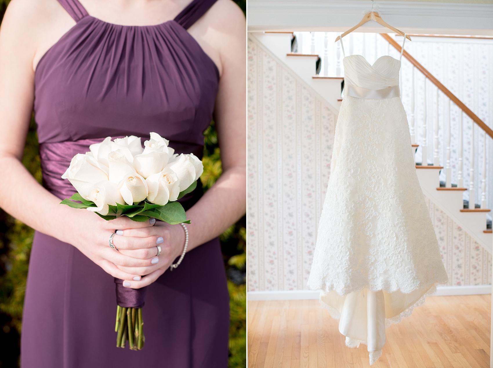 Photos by Mikkel Paige Photography for a wedding at Harbor Club on Long Island. A white strapless bridal gown and purple bridesmaids dress with white roses. 