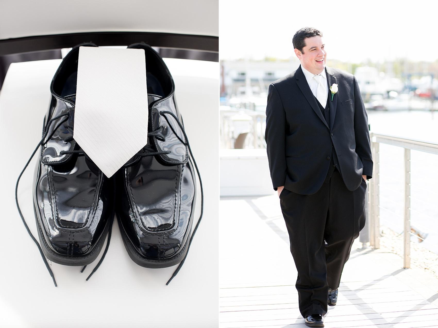 Photos by Mikkel Paige Photography for a wedding at Harbor Club on Long Island. Groom details and white tie for a ceremony overlooking the waterfront.