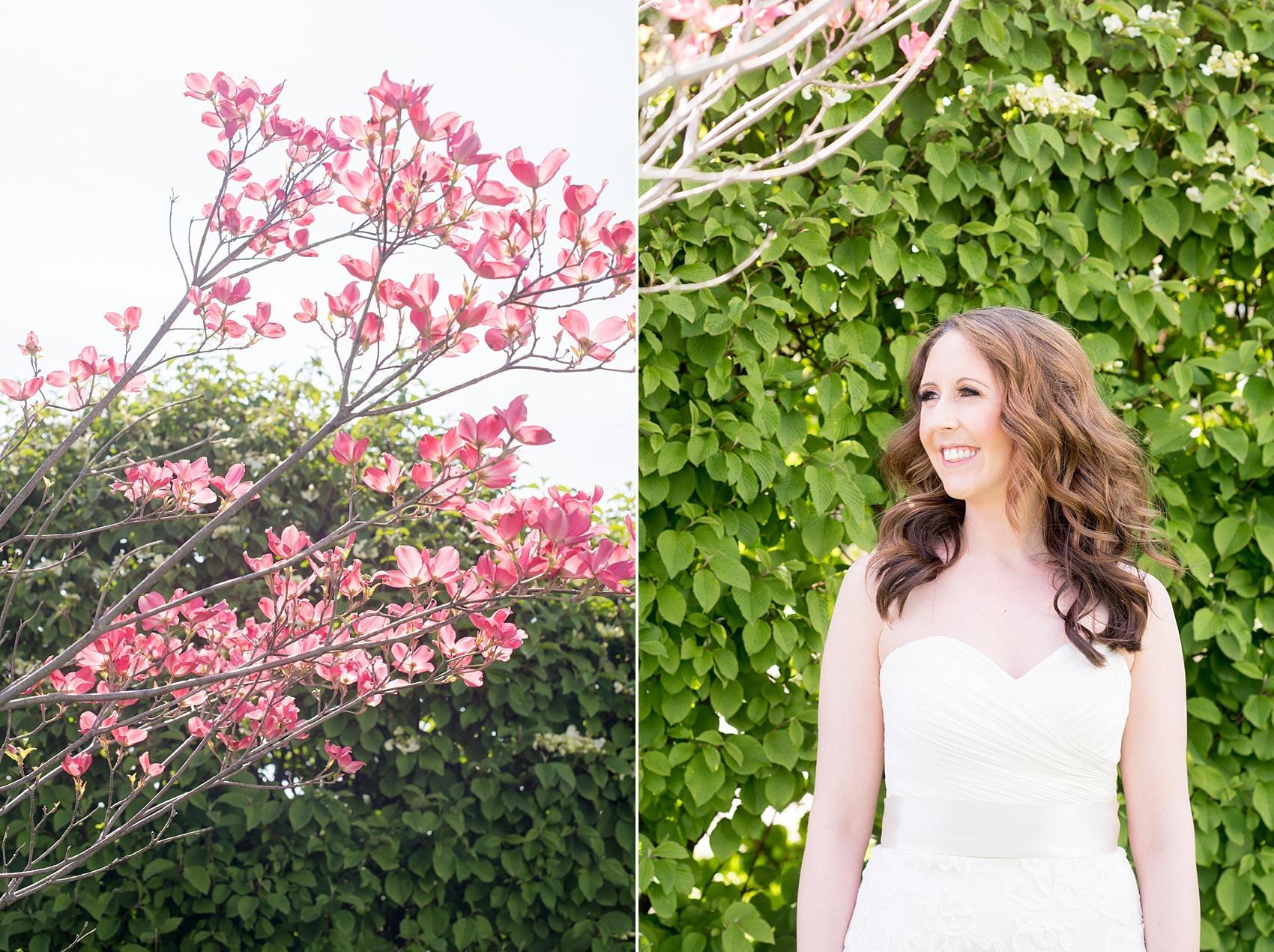 Photos by Mikkel Paige Photography for a wedding at Harbor Club on Long Island. Bride in a strapless white gown with pink spring dogwood flowers.