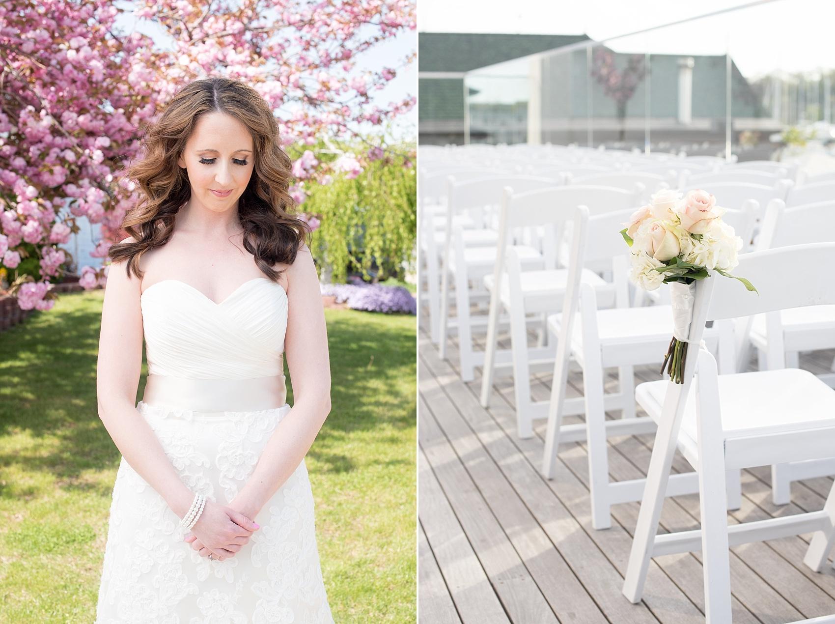 Photos by Mikkel Paige Photography for a wedding at Harbor Club on Long Island. Waterfront ceremony and spring bridal images with cherry blossoms.