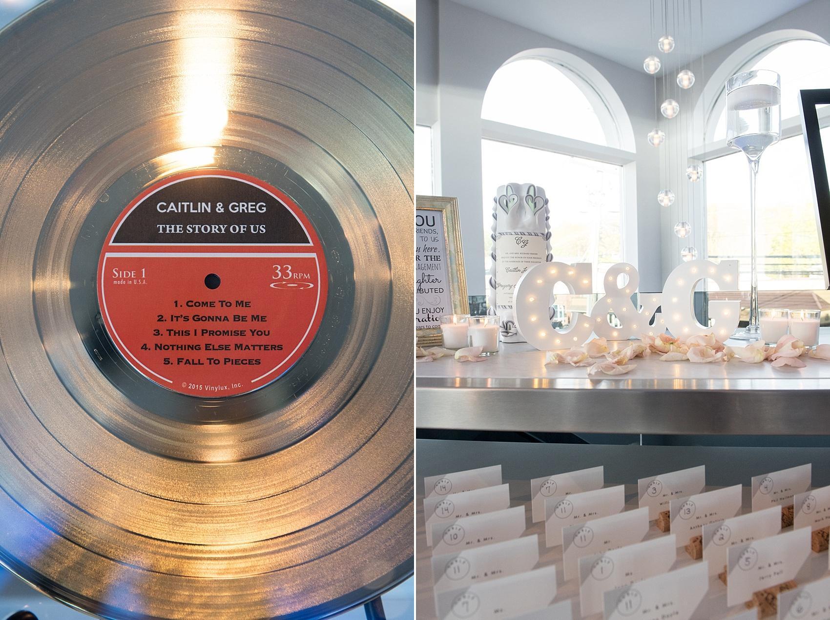 Photos by Mikkel Paige Photography for a wedding at Harbor Club on Long Island. Custom gold record gift from the groom to his bride.