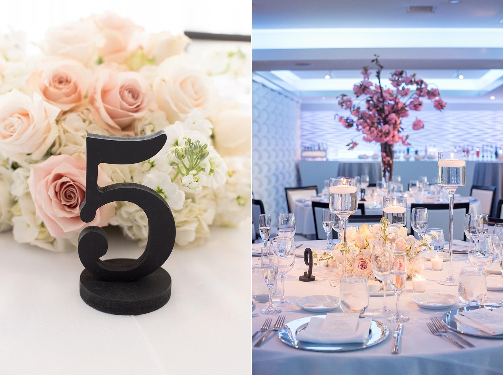 Photos by Mikkel Paige Photography for a wedding at Harbor Club on Long Island. Modern sleek reception tables decorated with cherry blossoms centerpieces and roses and hydrangeas.