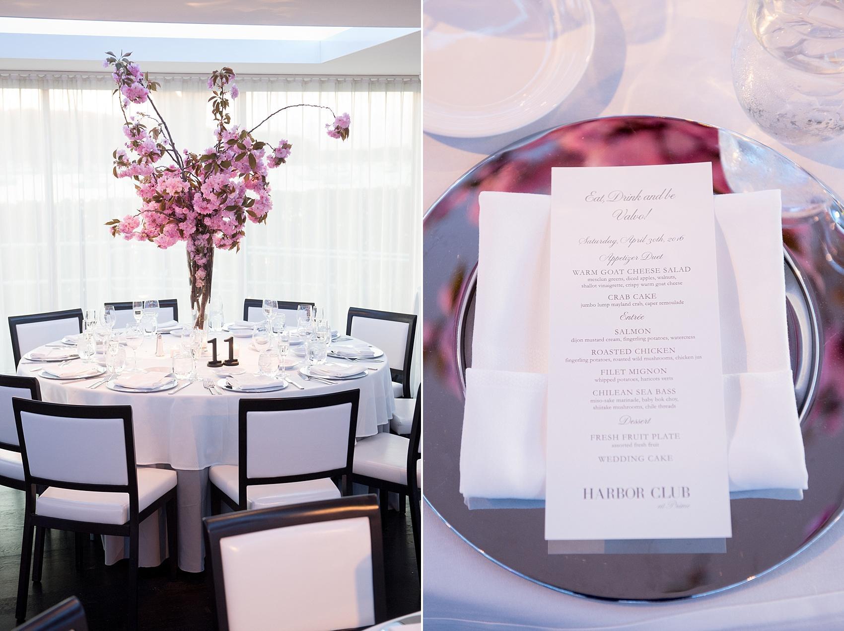 Photos by Mikkel Paige Photography for a wedding at Harbor Club on Long Island. Modern sleek reception room with cherry blossoms.