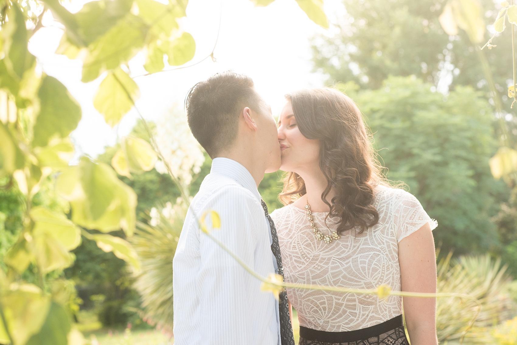 Raleigh North Carolina wedding photographer, Mikkel Paige Photography, photographs an engagement session at Raulston Arboretum at NC State campus during golden hour.