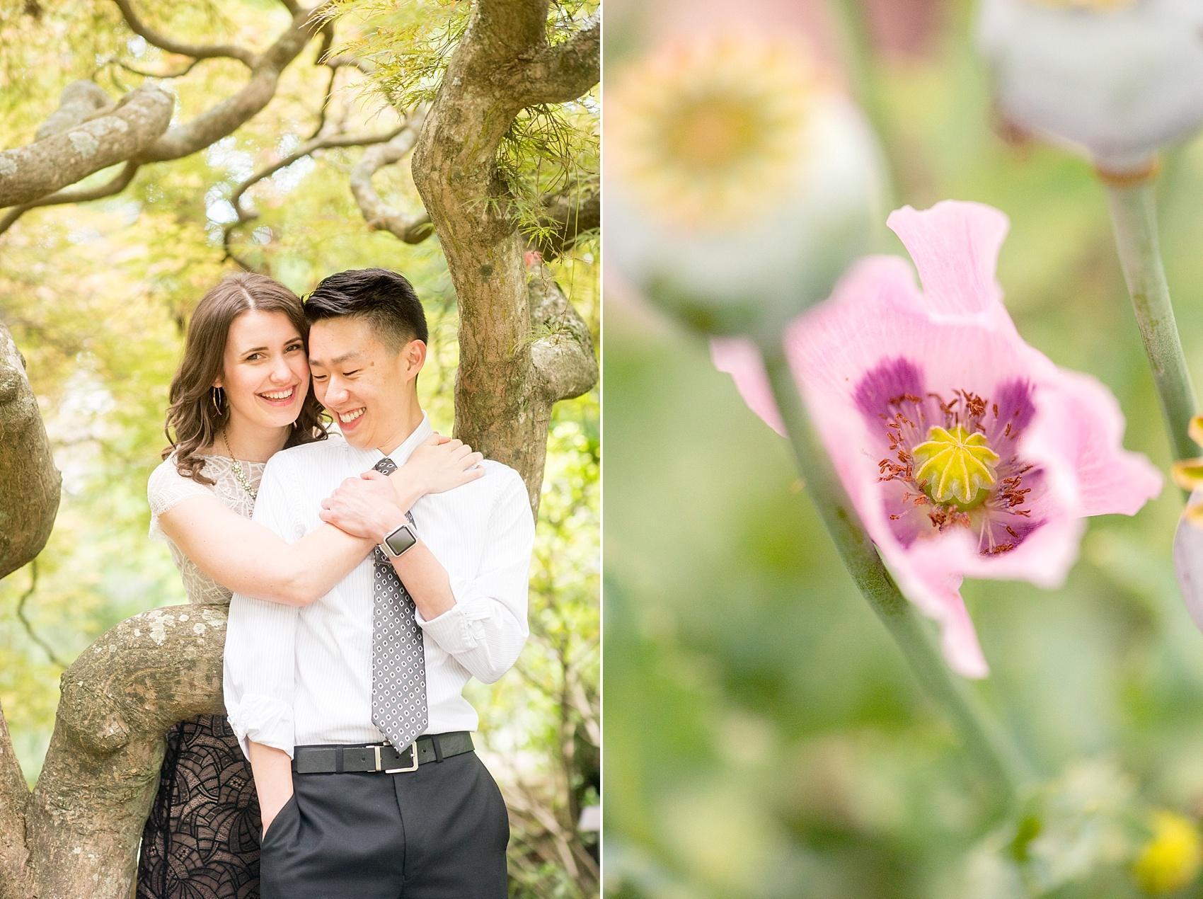Raleigh North Carolina wedding photographer, Mikkel Paige Photography, photographs a romantic outdoor engagement session at Raulston Arboretum at NC State campus.