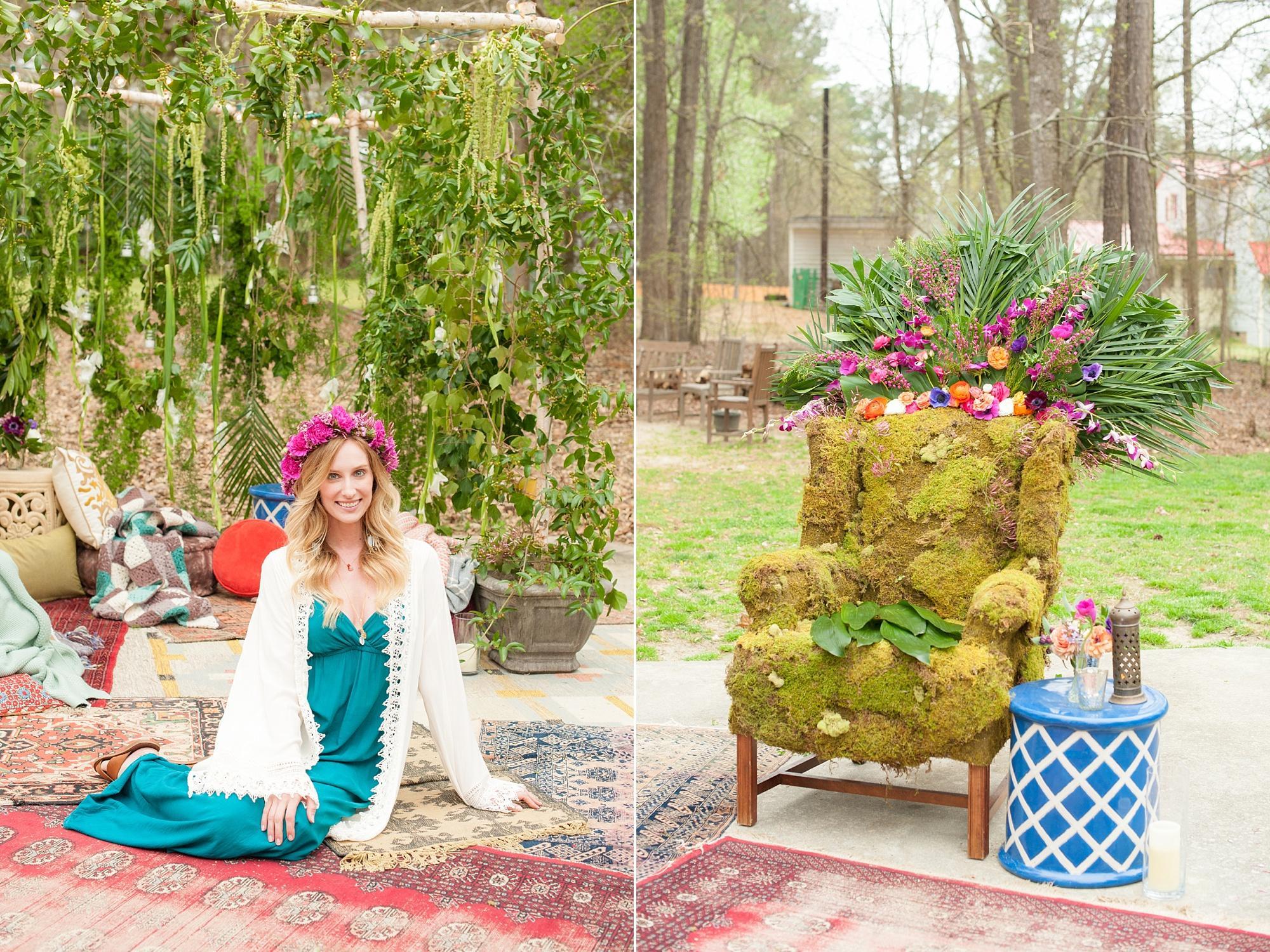Enchanted garden birthday photos with moss throne and floral nook. Images by Mikkel Paige Photography, Raleigh wedding photographer, flowers by Meristem Floral.