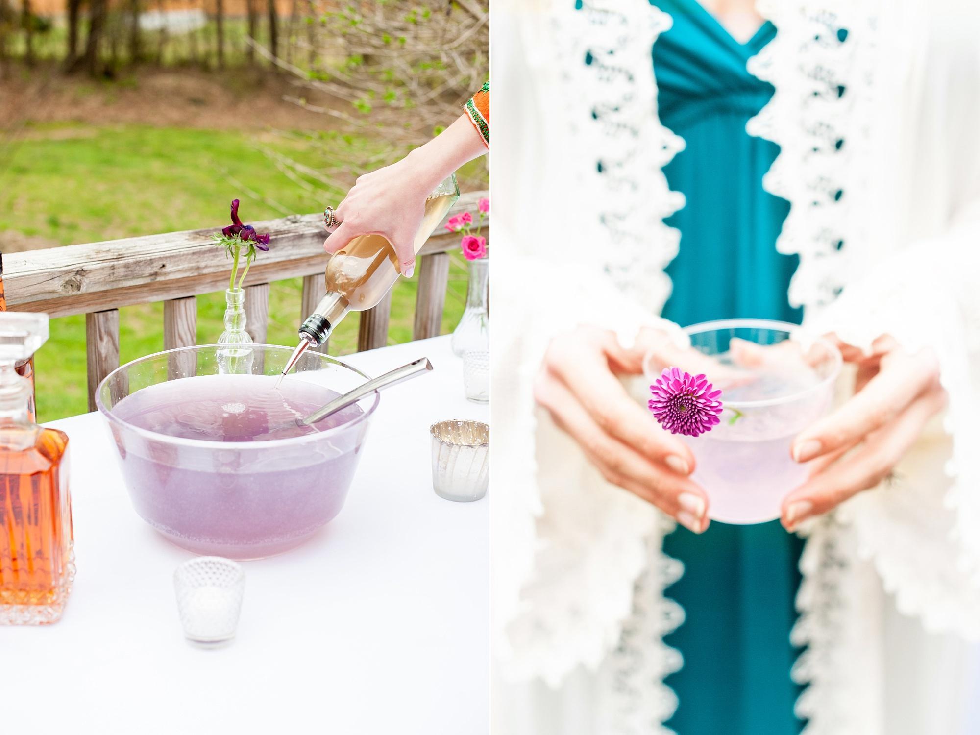 Enchanted garden birthday photos with lavender purple cocktail punch. Images by Mikkel Paige Photography, Raleigh wedding photographer.