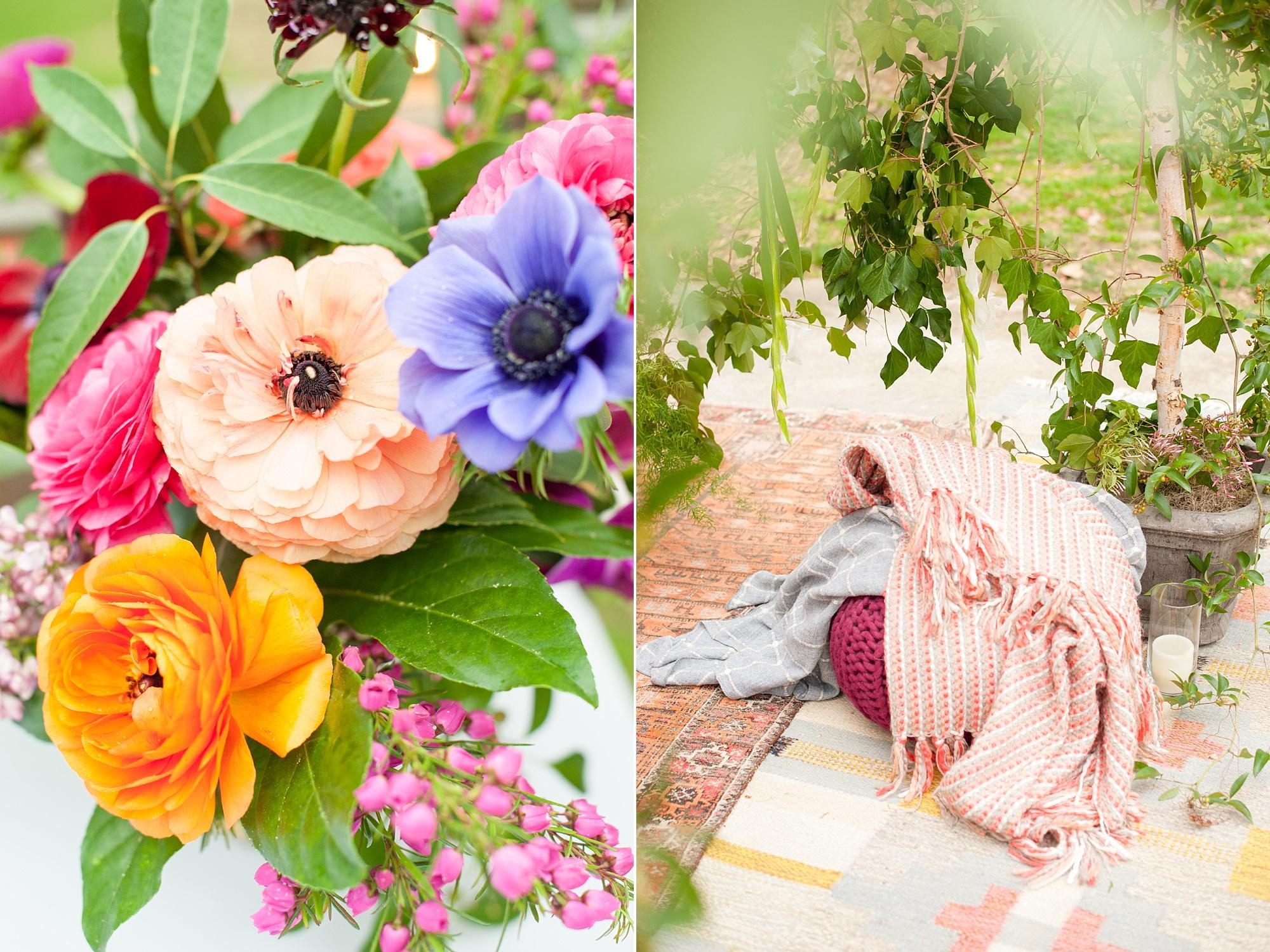 Enchanted garden birthday photos with blankets and anemone flowers. Images by Mikkel Paige Photography, Raleigh wedding photographer, flowers by Meristem Floral.