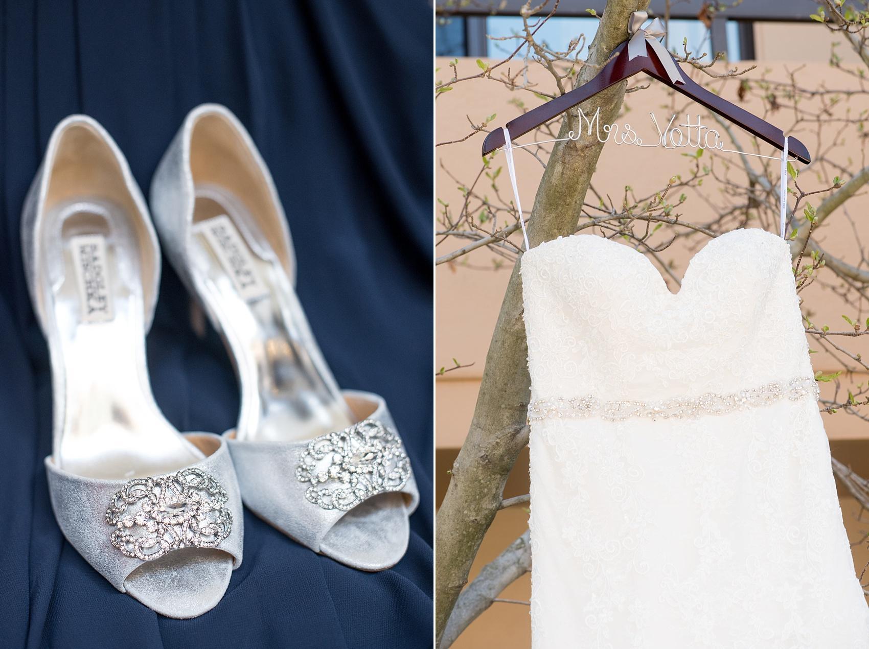 Photo by Mikkel Paige photography of brides silver rhinestone sparkly wedding heels and custom hanger and strapless gown.