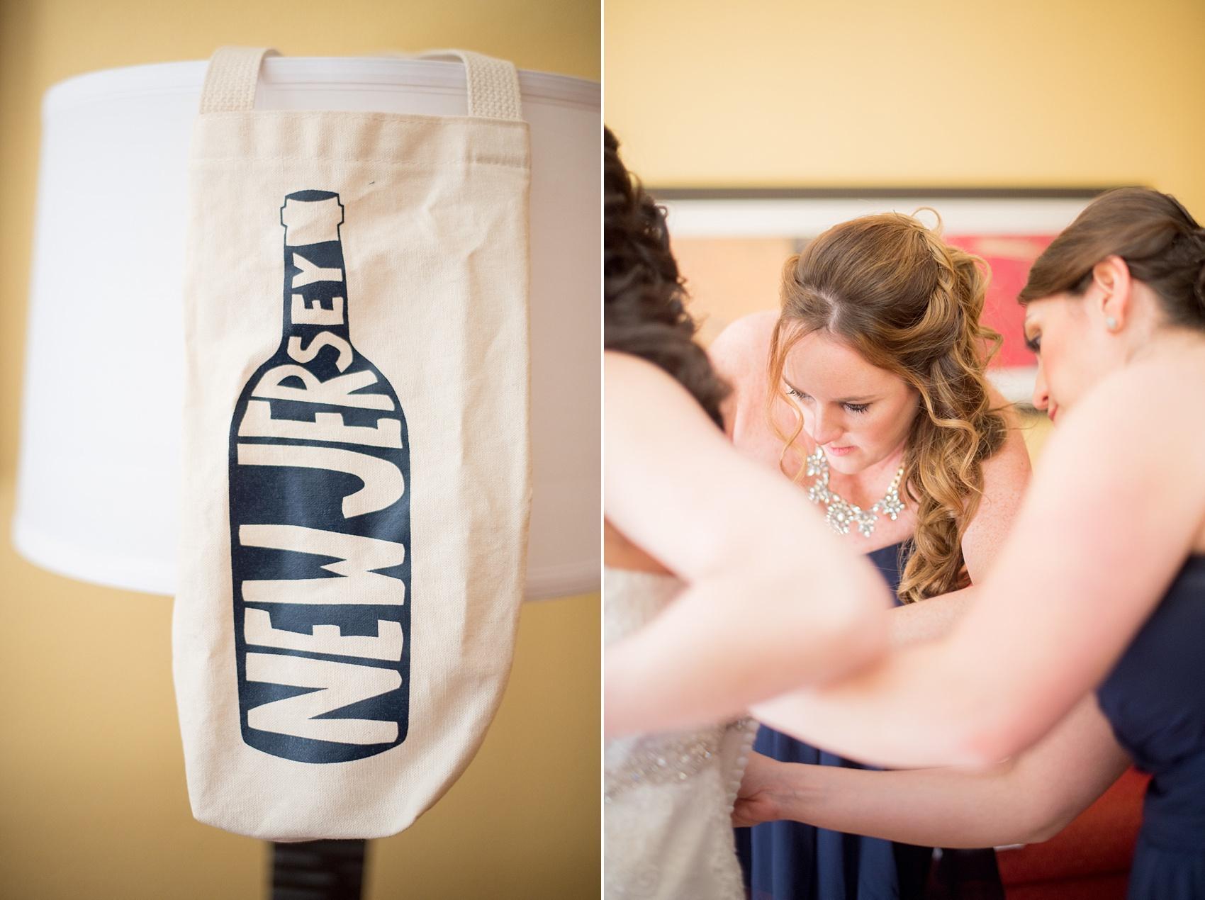 Photo by Mikkel Paige photography. The bride gets ready in New Jersey for her wedding at Windows on the Water complete with NJ wine tote.