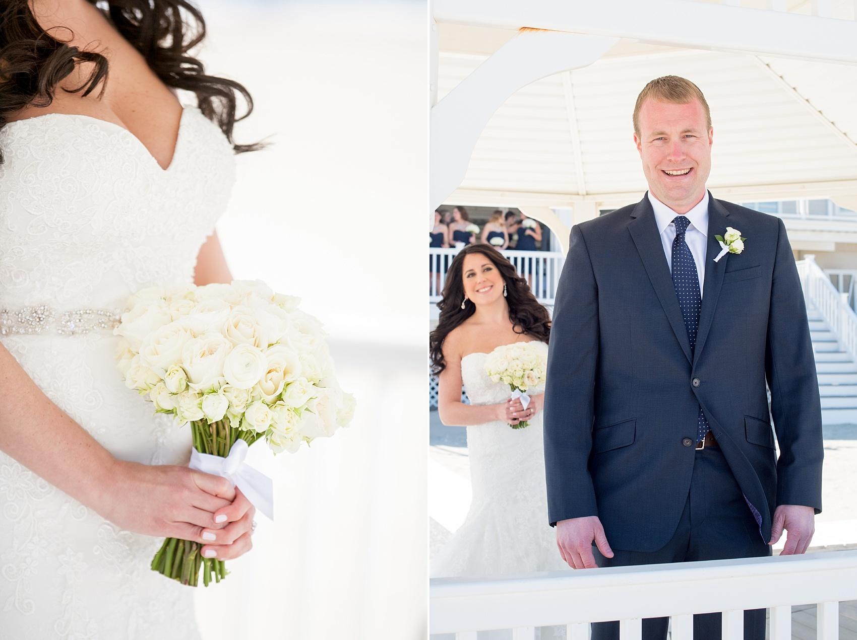 Photo by Mikkel Paige photography. First look for a wedding at Windows on the Water in Sea Bright, NJ on the beach. Bridal bouquet of white garden roses.