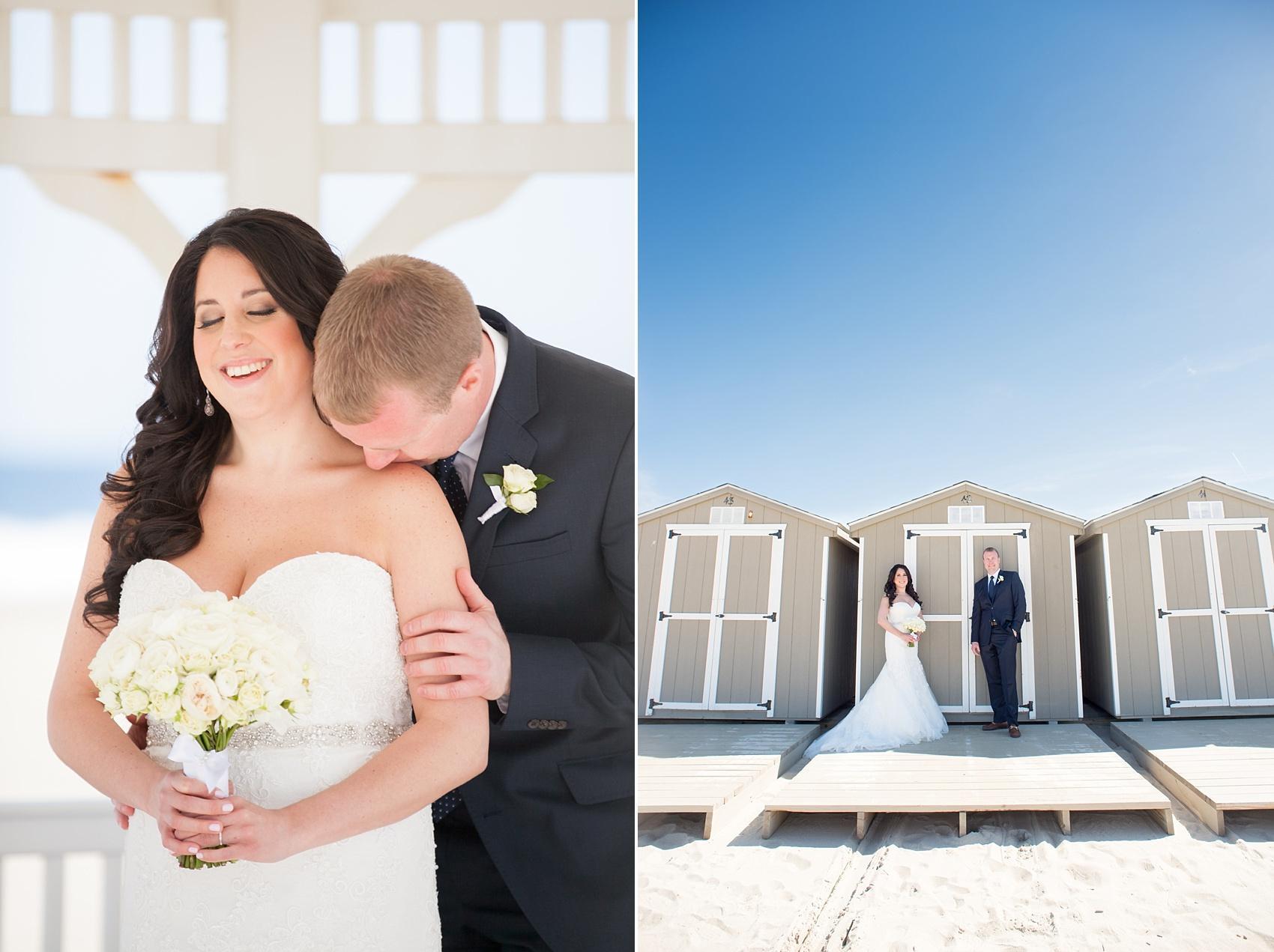 Photo by Mikkel Paige photography. Bride and groom photos at the beach cabanas for a spring wedding at Windows on the Water, New Jersey.