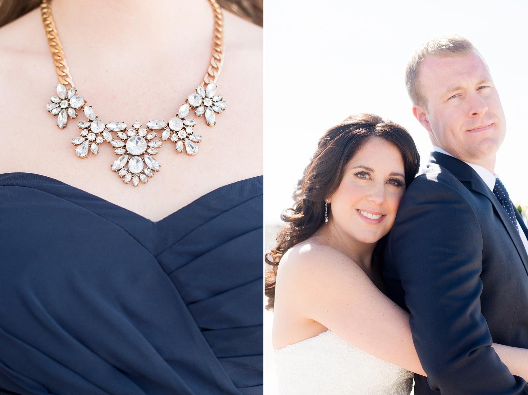 Photo by Mikkel Paige photography. Bride and groom photos at the beach for a spring wedding at Windows on the Water, New Jersey and bridesmaids statement necklace.