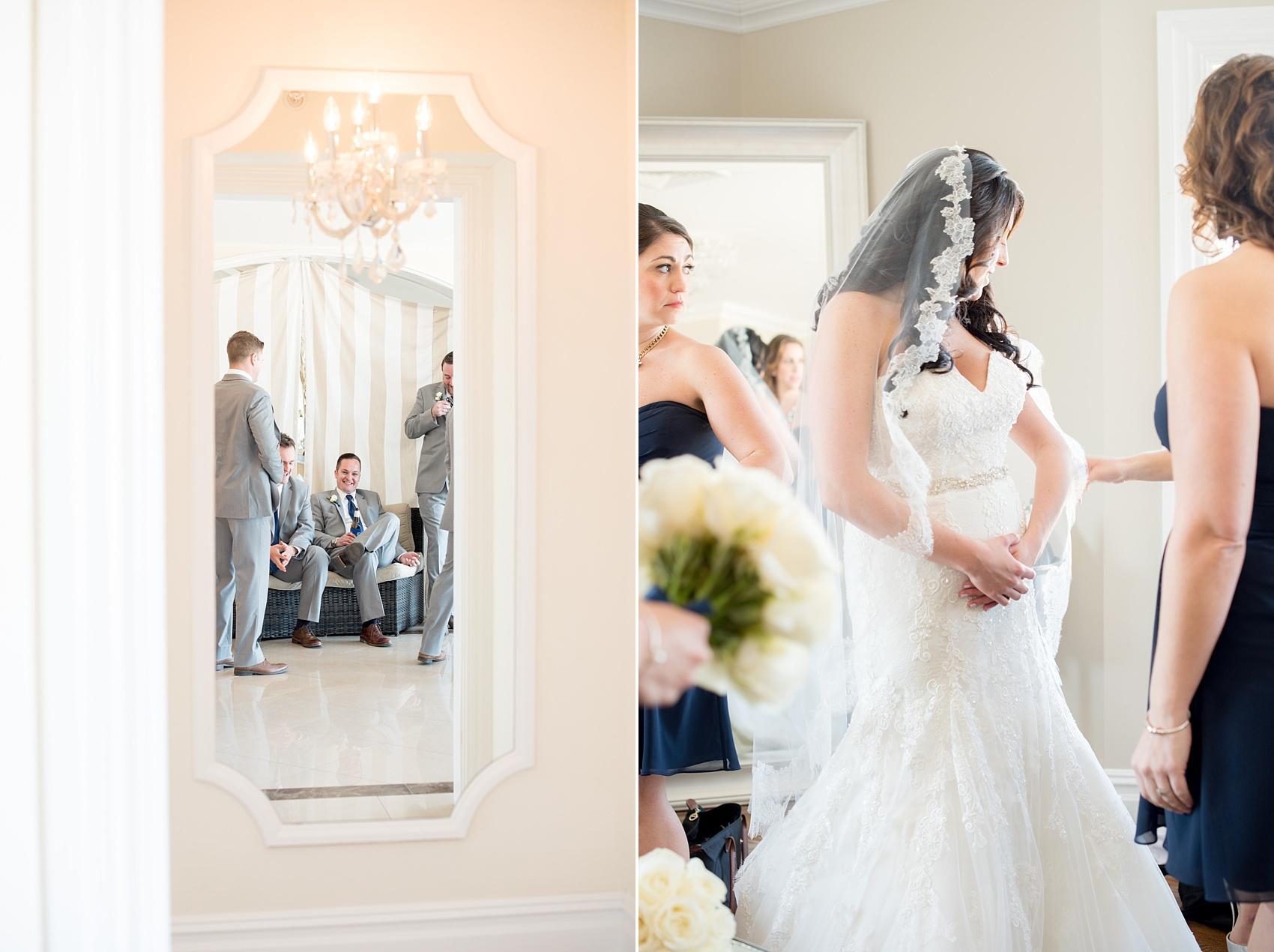 Photo by Mikkel Paige photography. Windows on the Water wedding preparation in the bridal suite with lace-edged veil.
