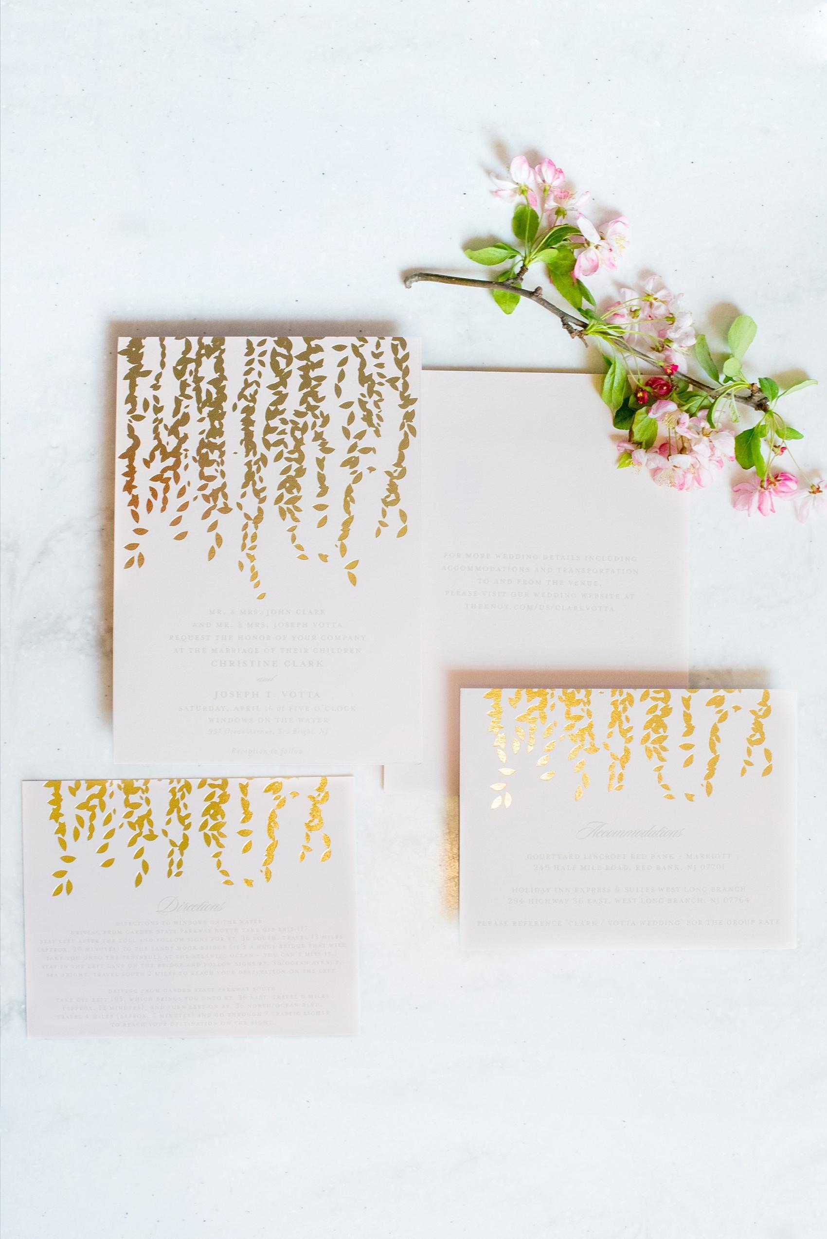 Photo by Mikkel Paige photography. Windows on the Water wedding with a blush pink and gold leafed invitation. 