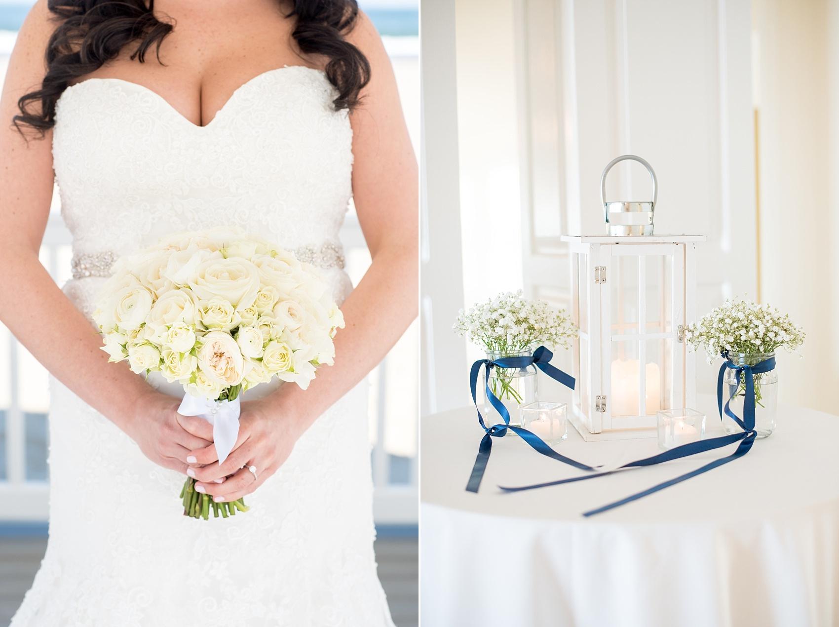 Photo by Mikkel Paige photography. Windows on the Water beach wedding with white garden roses and Baby's Breath flowers and navy blue accents.