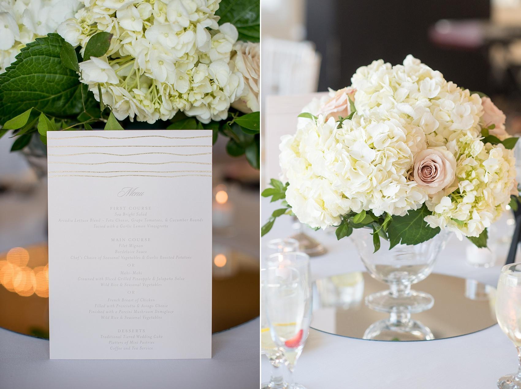 Photo by Mikkel Paige photography. Wedding at Windows on the Water, NJ with hydrangea and rose centerpieces and blush pink and gold menus.