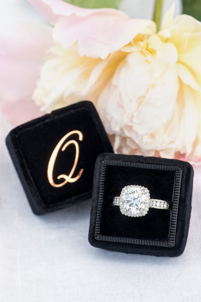 Mikkel Paige Photography, NYC wedding photographer, captures a marriage proposal at Glenmere Mansion in the lower Hudson Valley region. Round brilliant Tacori ring with a monogrammed Mrs. Box in black velvet.
