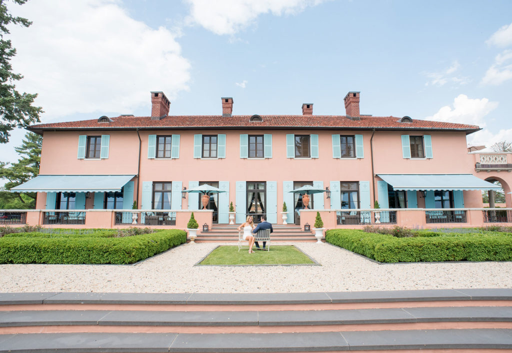 Mikkel Paige Photography, NYC wedding photographer, captures a marriage proposal at Glenmere Mansion in the lower Hudson Valley region. This tuscan inspired terra cotta and turquoise blue mansion is the perfect backdrop!