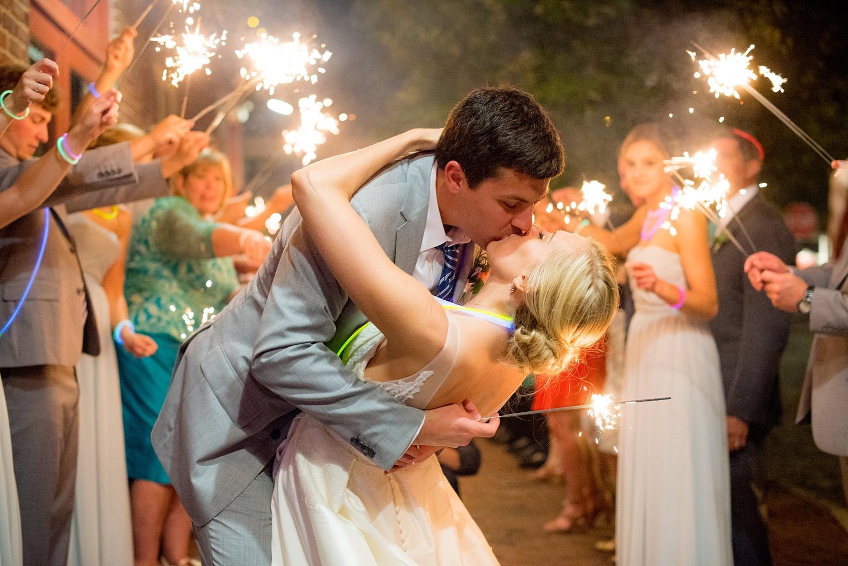 Mikkel Paige Photography pictures of a wedding in Raleigh. Night photo of the bride and groom's sparkler exit.