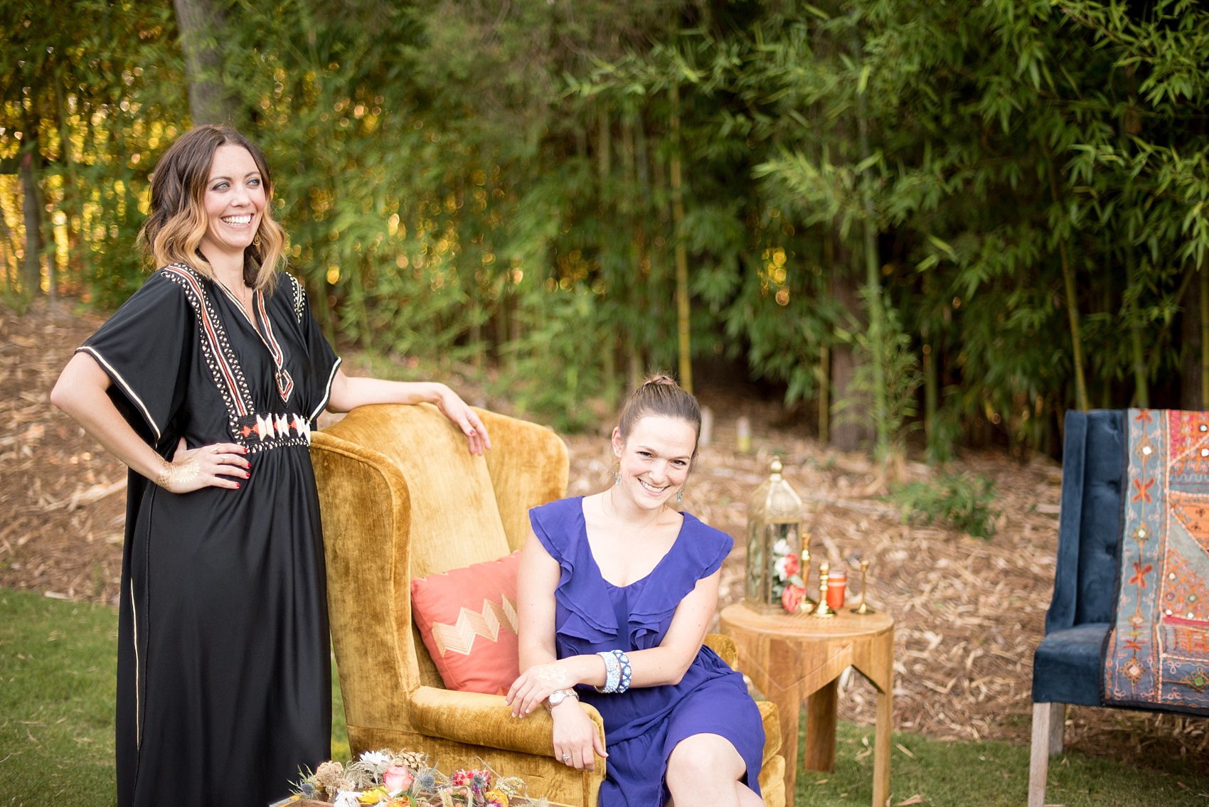 Mikkel Paige Photography photo of Moroccan themed surprise party with vintage yellow crushed velvet chair from Greenhouse Picker Sisters in Raleigh, NC.