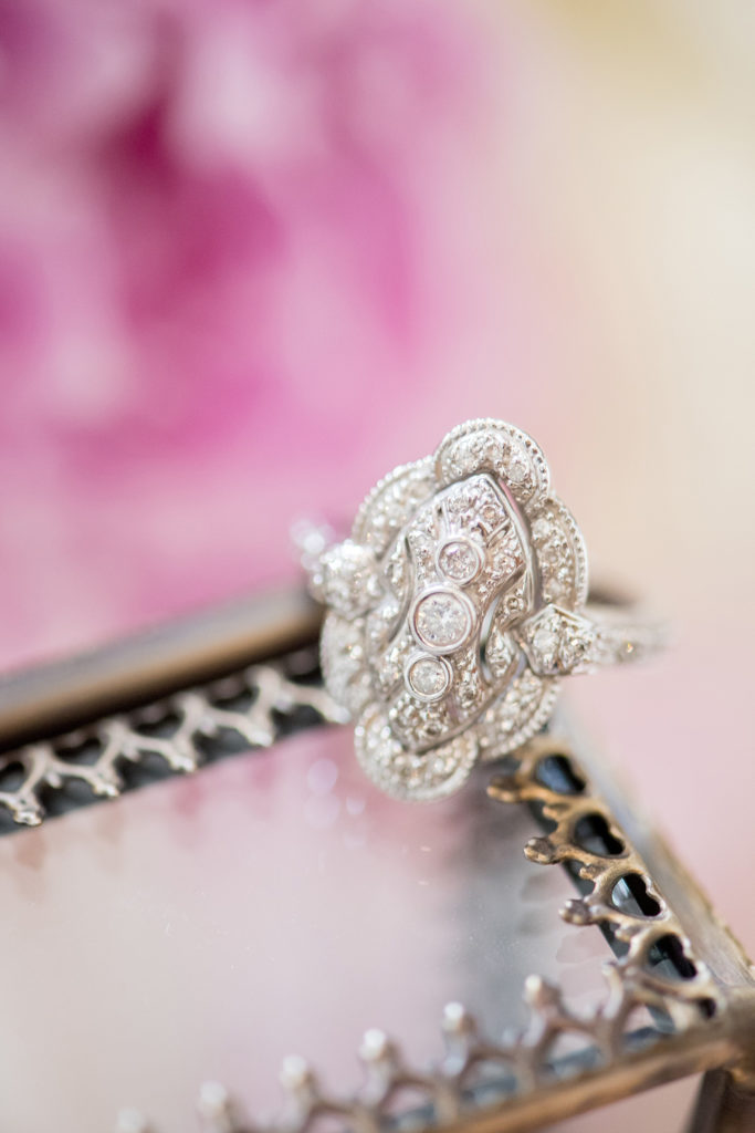 Mikkel Paige Photography photo of a white gold vintage heirloom diamond ring for a ceremony in Basking Ridge, NJ.