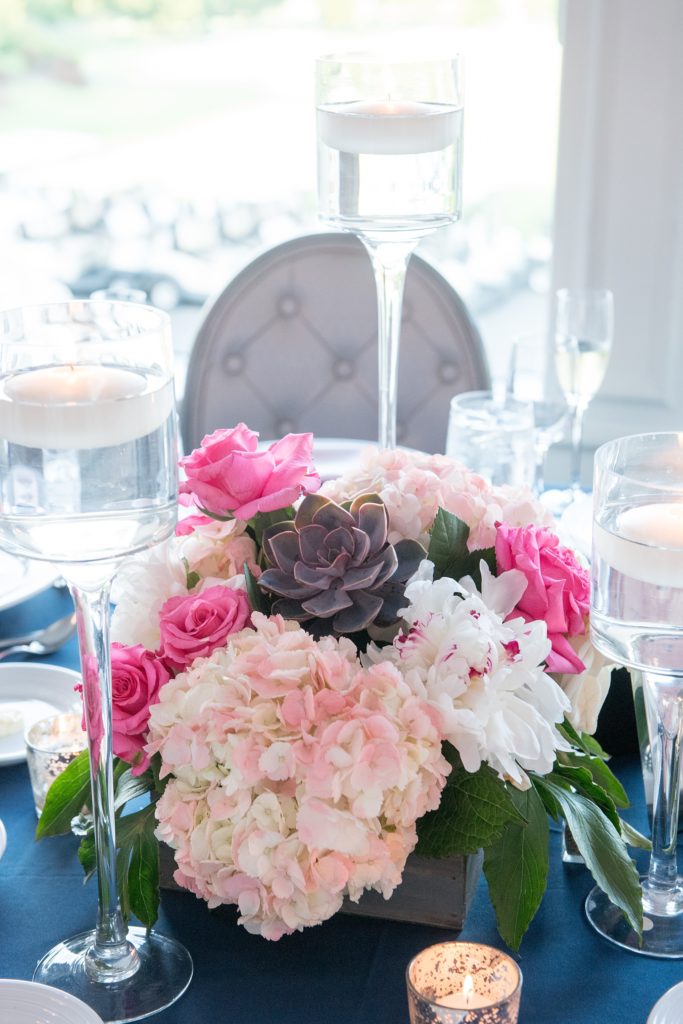 Mikkel Paige Photography photos from a wedding at Basking Ridge Country Club, NJ. Floral centerpieces in pink, dark purple and white with succulents, hydrangea, roses and peonies.