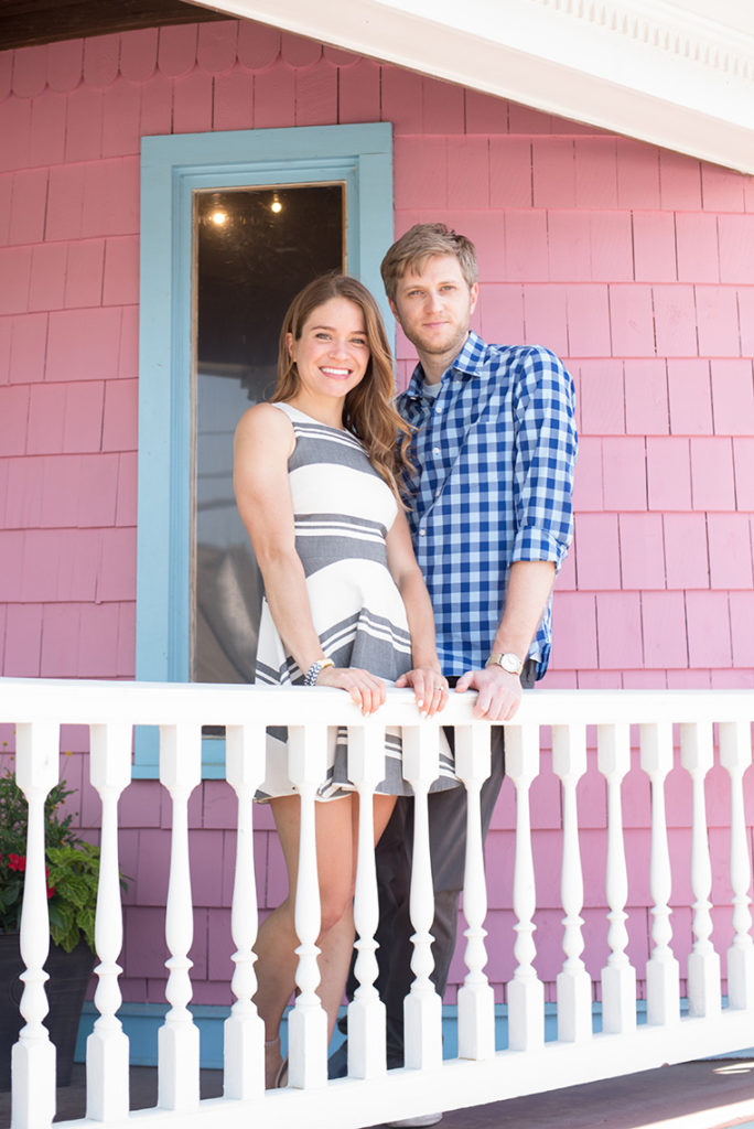 Mikkel Paige Photography beach engagement photos in Bay Head, NJ. Pink and blue local hotel image with the bride and groom.