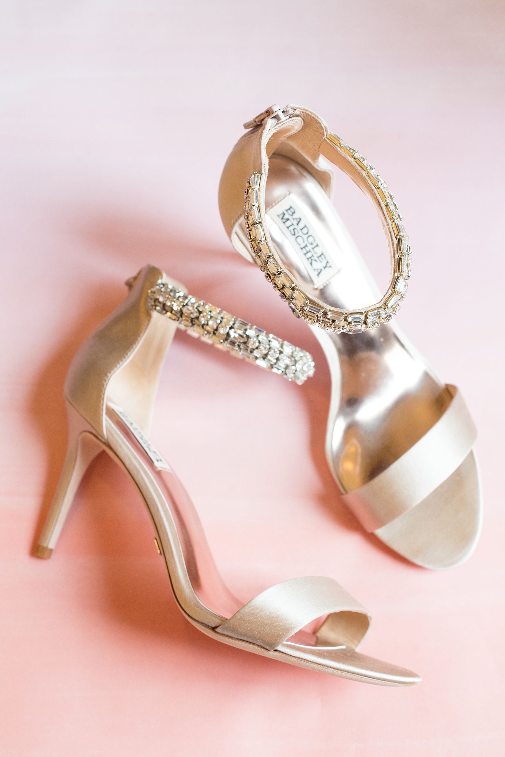 Mikkel Paige Photography photo of rhinestone strap Badgley Mischka wedding shoes in nude stain.