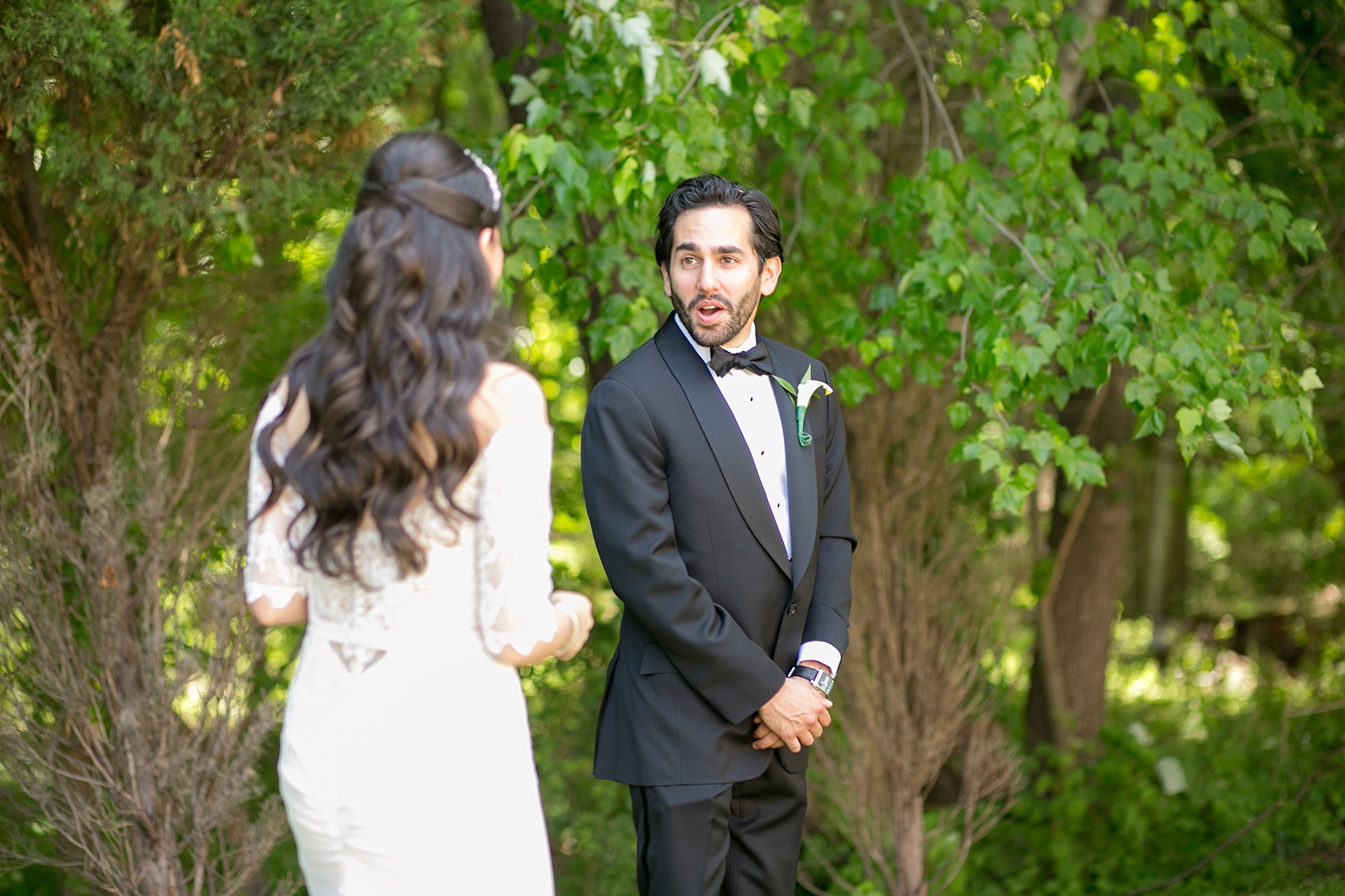 Mikkel Paige Photography photo of the bride and groom's first look on their wedding day at Temple Emanu-El in Closter, NJ. 