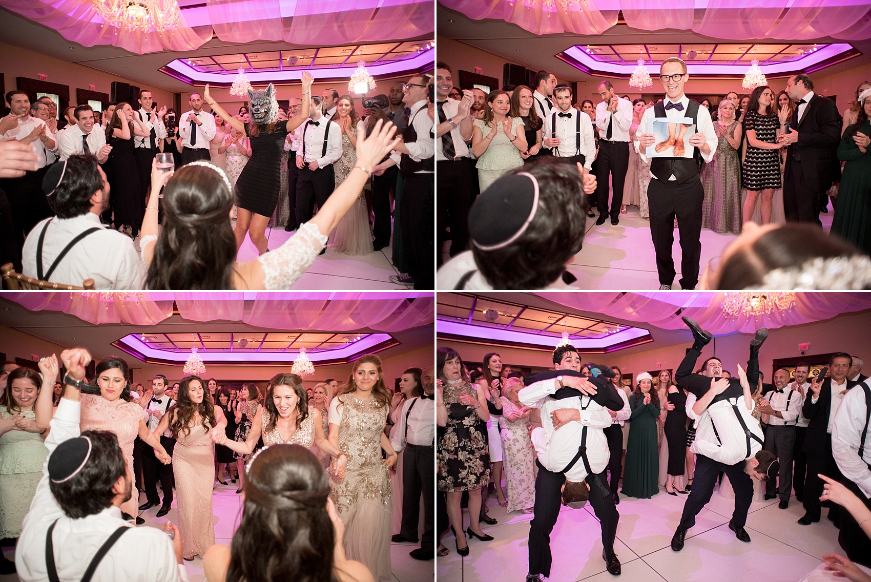 Mikkel Paige Photography photos of an elegant reception with pink and white details at Temple Emanu-El in Closter, NJ with floral centerpieces high and low.