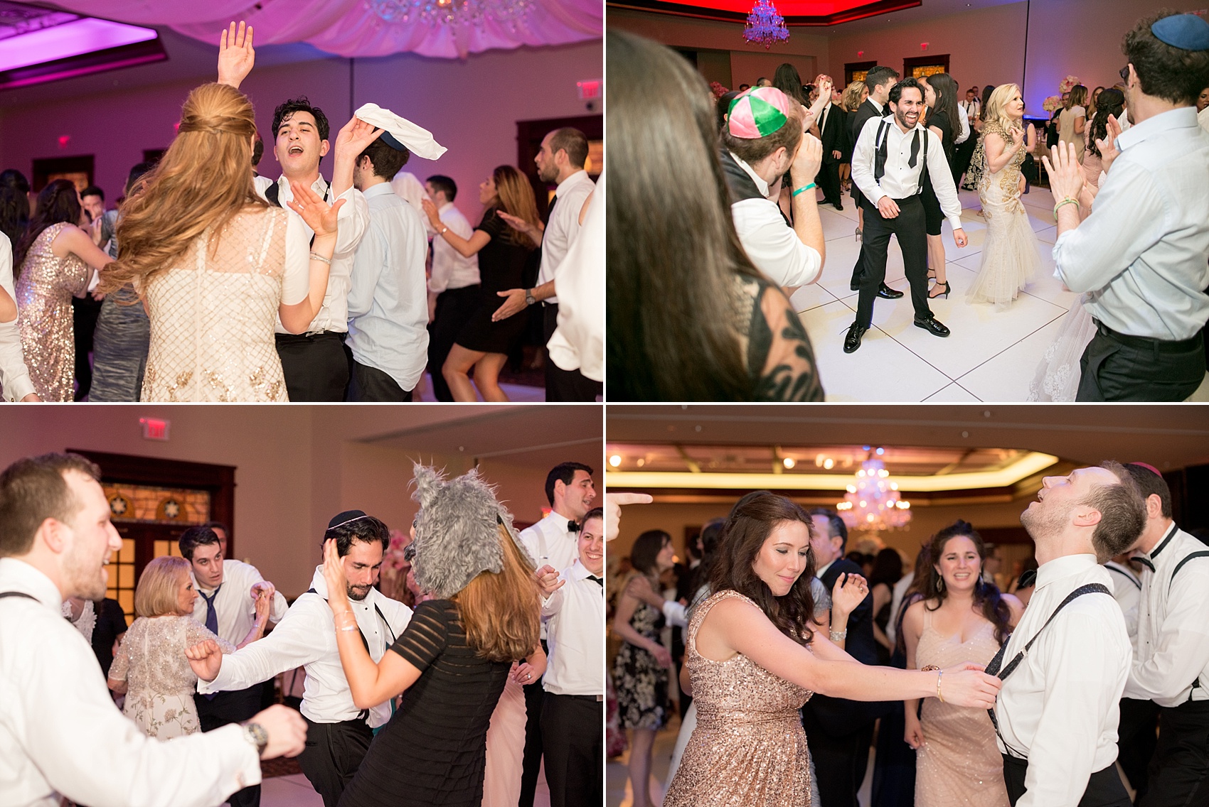 Mikkel Paige Photography photos of an elegant reception with pink and white details at Temple Emanu-El in Closter, NJ with floral centerpieces high and low.