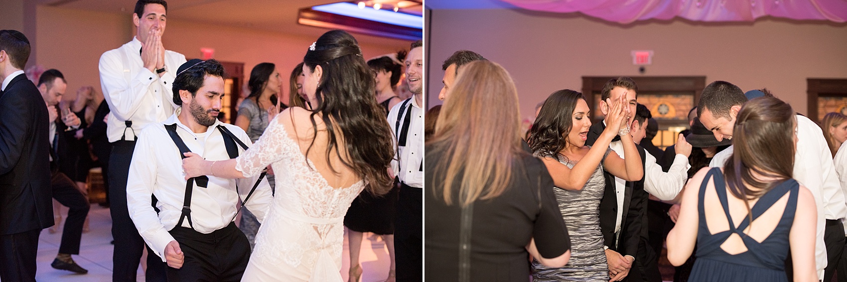 Mikkel Paige Photography photos of an elegant reception with pink and white details at Temple Emanu-El in Closter, NJ with floral centerpieces high and low.