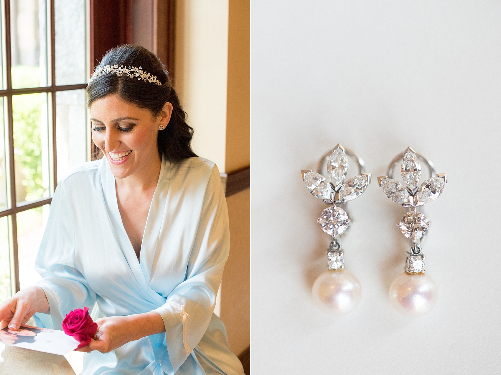 Mikkel Paige Photography detail photo of bride's wedding day earrings in diamonds and pearls for her Temple Emanu-El ceremony.