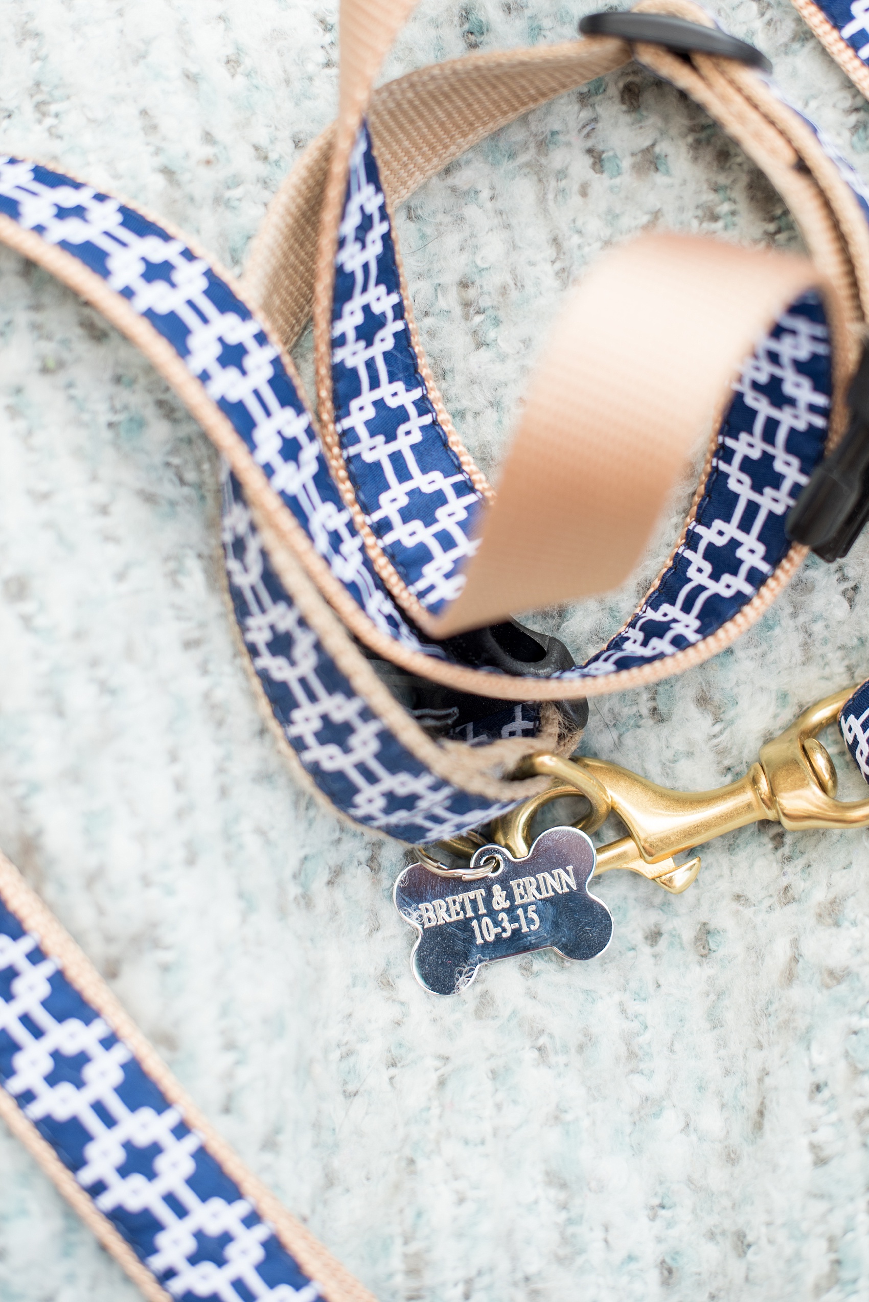 Mikkel Paige Photography tips for bringing your dog to your engagement photo session with an image of a new leash and custom dog collar tag.