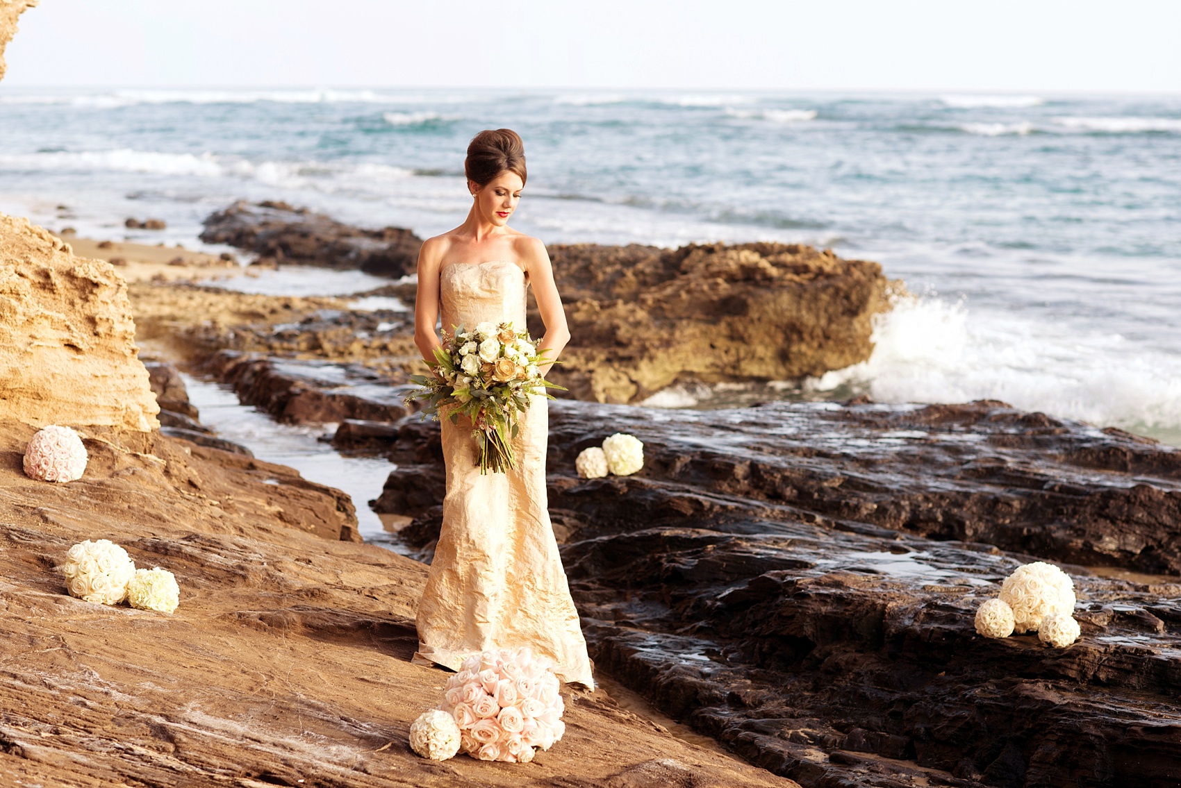Mikkel Paige Photography photos of a bridal session on beach in Oahu. Golden hour bride with gold gown. 
